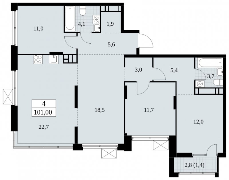 4-комнатная квартира с полной отделкой, 101 м2, 16 этаж, сдача 4 квартал 2024 г., ЖК Скандинавия, корпус 2.27.1 - объявление 1840304 - фото №1