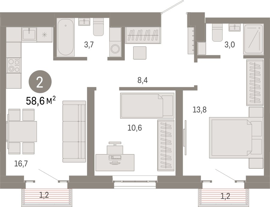 2-комнатная квартира с частичной отделкой, 58.6 м2, 14 этаж, сдача 3 квартал 2026 г., ЖК Квартал Метроном, корпус 1 - объявление 2302158 - фото №1