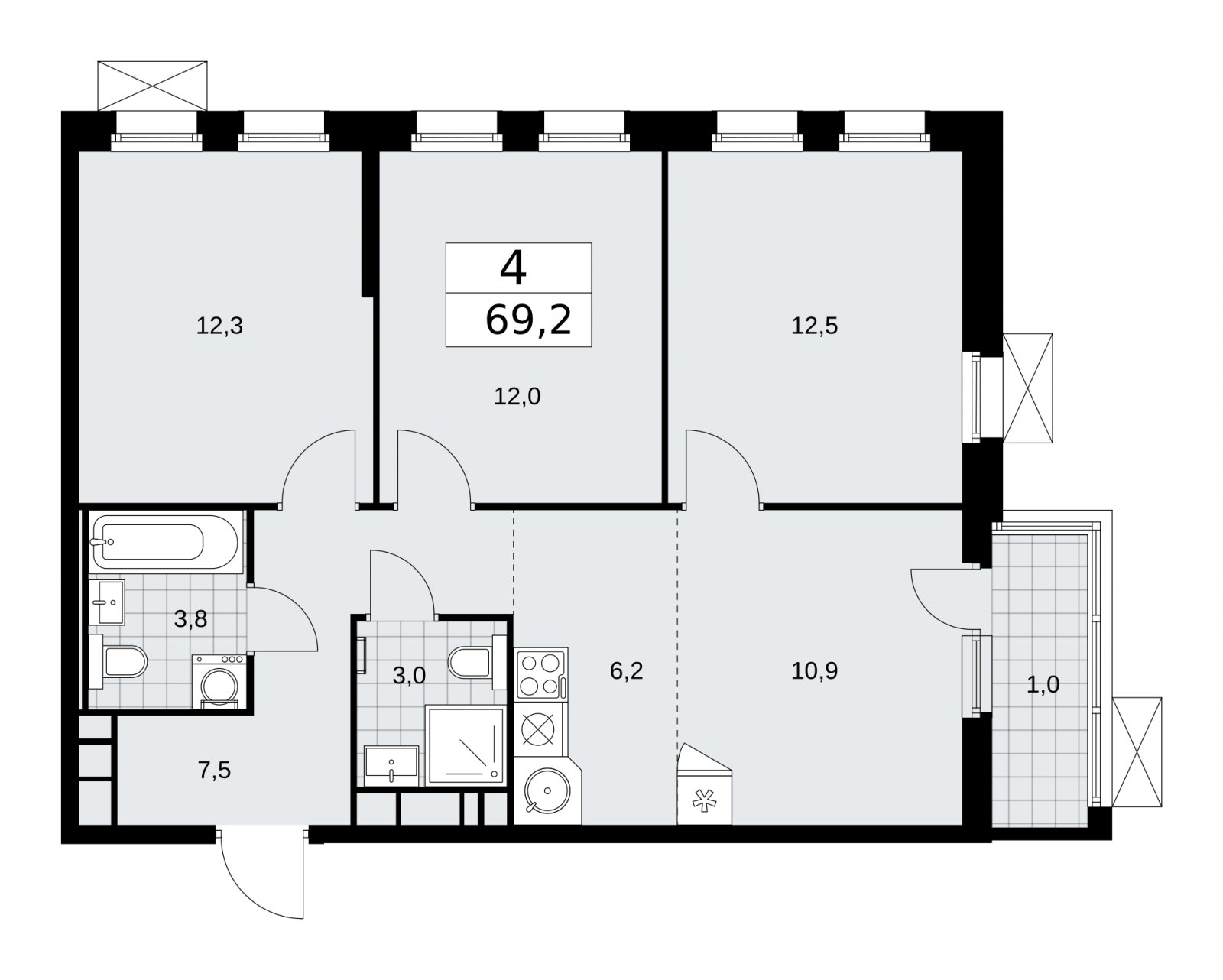 4-комнатная квартира (евро) с частичной отделкой, 69.2 м2, 10 этаж, сдача 2 квартал 2026 г., ЖК Скандинавия, корпус 25.1 - объявление 2283405 - фото №1