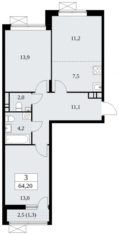 3-комнатная квартира (евро) без отделки, 64.2 м2, 6 этаж, сдача 1 квартал 2025 г., ЖК Прокшино, корпус 5.2.3 - объявление 1751394 - фото №1