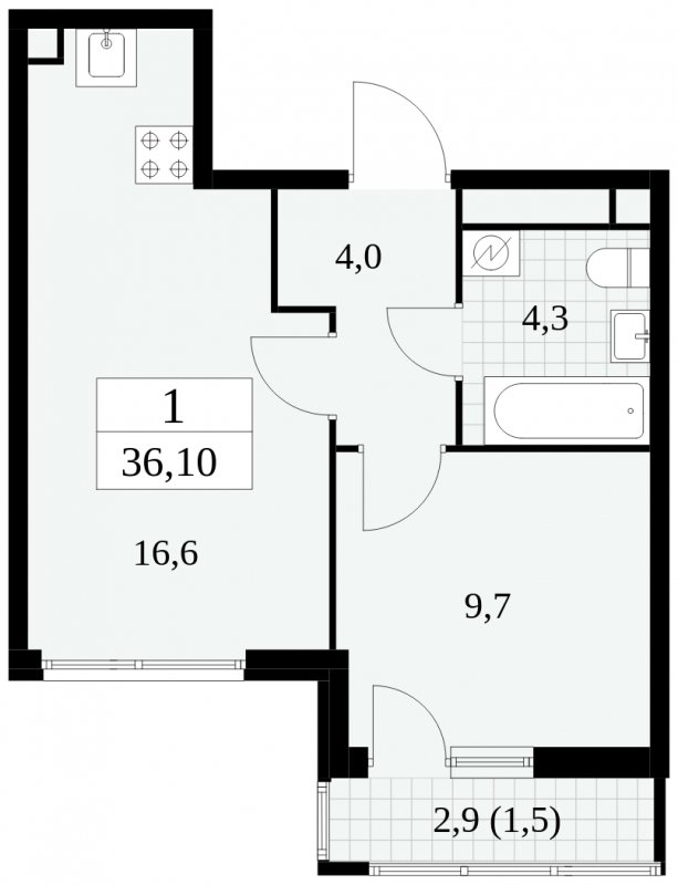 1-комнатная квартира без отделки, 36.1 м2, 15 этаж, сдача 2 квартал 2025 г., ЖК Южные сады, корпус 2.4 - объявление 1760256 - фото №1