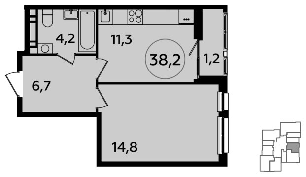 1-комнатная квартира без отделки, 38.2 м2, 19 этаж, сдача 4 квартал 2023 г., ЖК Южные сады, корпус 1.3 - объявление 1512393 - фото №1