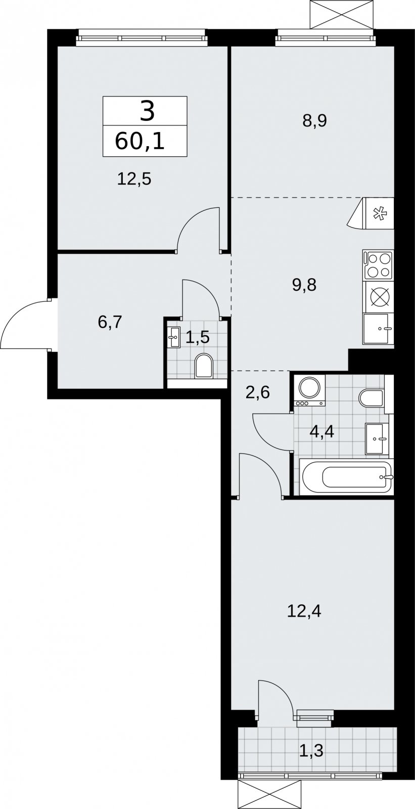 3-комнатная квартира (евро) без отделки, 60.1 м2, 5 этаж, сдача 2 квартал 2026 г., ЖК Бунинские кварталы, корпус 7.3 - объявление 2313909 - фото №1