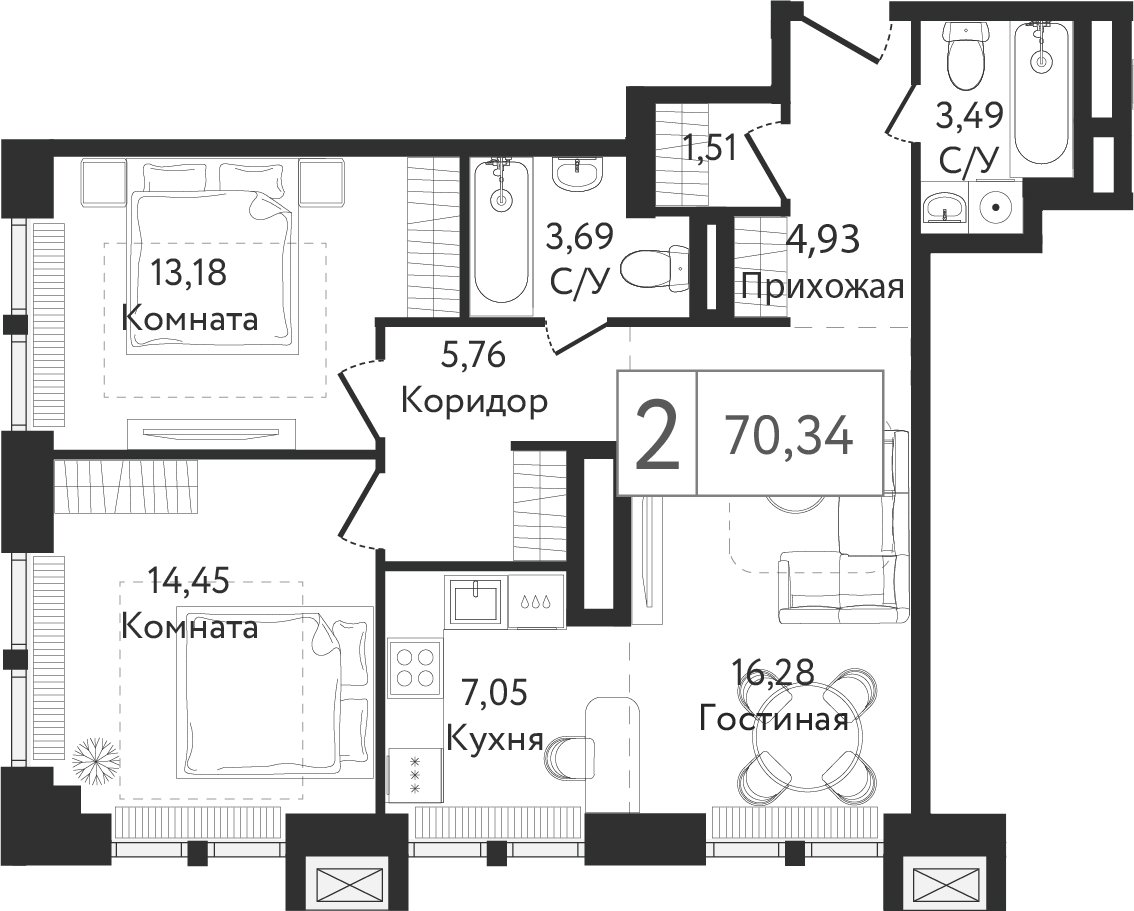 2-комнатная квартира без отделки, 70.34 м2, 6 этаж, сдача 3 квартал 2023 г., ЖК Dream Towers, корпус 1 - объявление 2261217 - фото №1