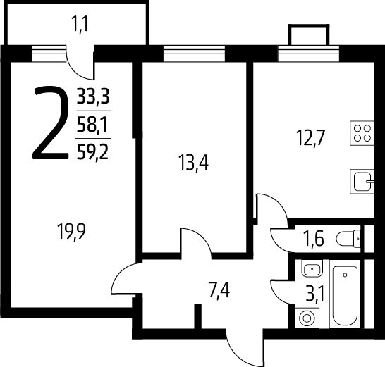 2-комнатная квартира с полной отделкой, 59.2 м2, 10 этаж, сдача 1 квартал 2025 г., ЖК Новые Ватутинки. Заречный, корпус 5/1 - объявление 2271901 - фото №1