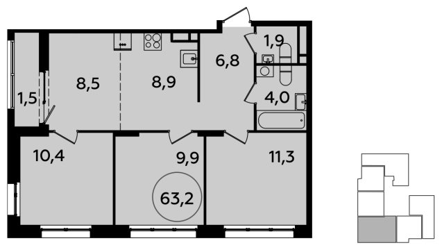 4-комнатная квартира (евро) с полной отделкой, 63.2 м2, 5 этаж, сдача 2 квартал 2024 г., ЖК Испанские кварталы, корпус 8.2 - объявление 1633668 - фото №1