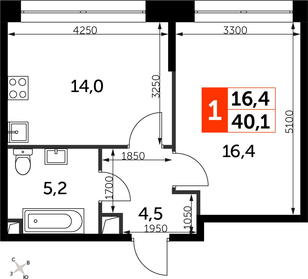1-комнатная квартира с частичной отделкой, 40.1 м2, 15 этаж, сдача 3 квартал 2024 г., ЖК Sydney City, корпус 2.1 - объявление 2353855 - фото №1