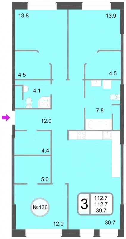 3-комнатная квартира без отделки, 112.7 м2, 5 этаж, дом сдан, ЖК Хорошевский, корпус 1 - объявление 1106997 - фото №1