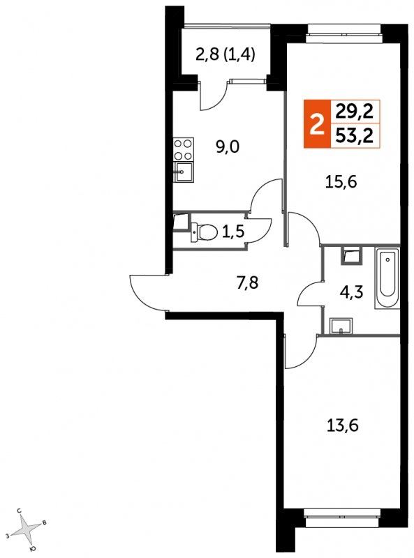 2-комнатная квартира без отделки, 53.2 м2, 2 этаж, сдача 4 квартал 2023 г., ЖК Датский квартал, корпус 2 - объявление 1568211 - фото №1