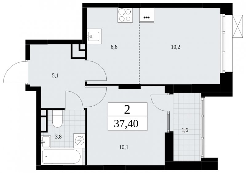 2-комнатная квартира (евро) с частичной отделкой, 37.4 м2, 15 этаж, сдача 4 квартал 2024 г., ЖК Бунинские кварталы, корпус 1.1 - объявление 1834272 - фото №1