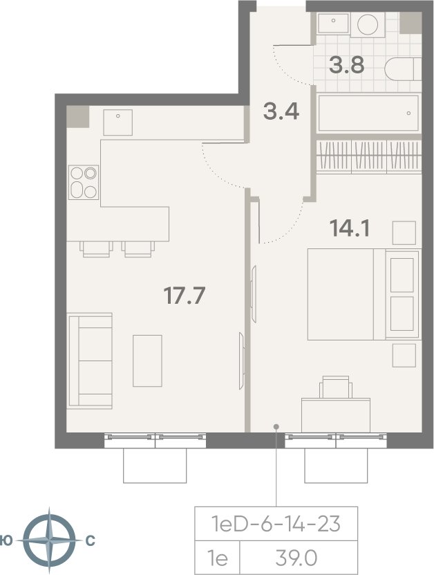 1-комнатная квартира 39 м2, 14 этаж, сдача 3 квартал 2025 г., ЖК Парксайд, корпус 1 - объявление 2184940 - фото №1