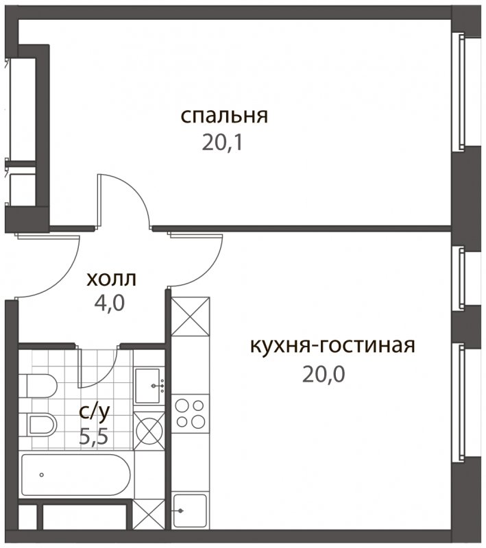 2-комнатная квартира (евро) без отделки, 49.6 м2, 8 этаж, сдача 2 квартал 2022 г., ЖК HomeCity, корпус 4 - объявление 1363901 - фото №1