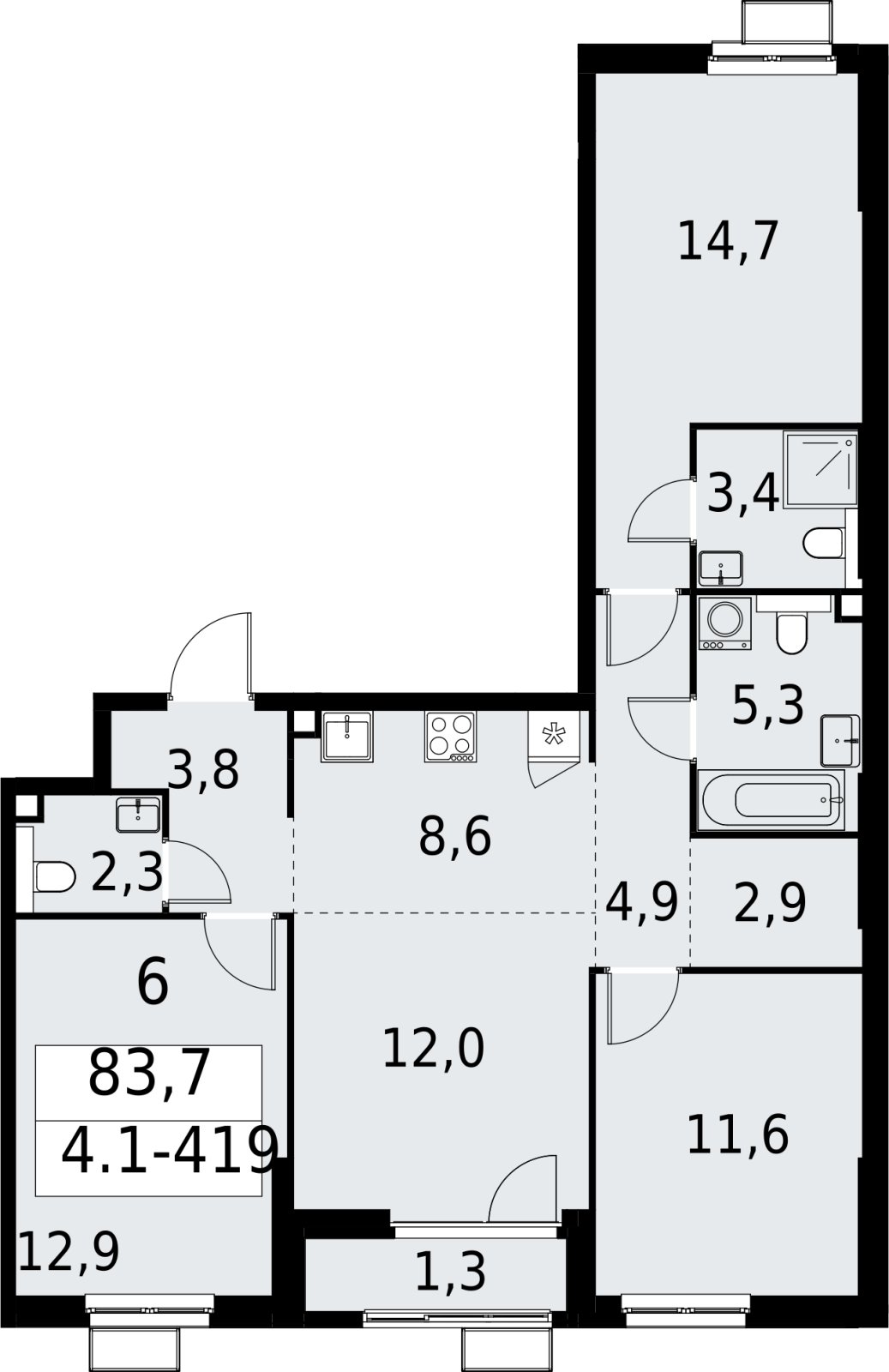 4-комнатная квартира (евро) с полной отделкой, 83.7 м2, 2 этаж, сдача 2 квартал 2027 г., ЖК Южные сады, корпус 4.1.2 - объявление 2392925 - фото №1