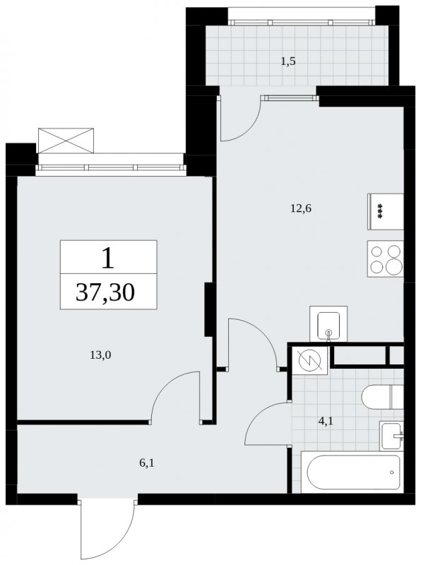 1-комнатная квартира с частичной отделкой, 37.3 м2, 14 этаж, сдача 4 квартал 2024 г., ЖК Бунинские кварталы, корпус 1.1 - объявление 1880856 - фото №1