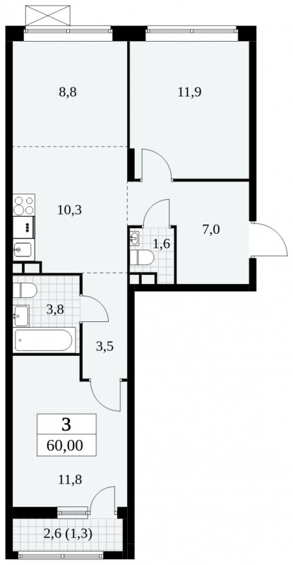 3-комнатная квартира без отделки, 60 м2, 3 этаж, сдача 3 квартал 2024 г., ЖК Прокшино, корпус 8.5 - объявление 1684258 - фото №1