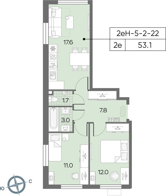 2-комнатная квартира с полной отделкой, 52.9 м2, 16 этаж, сдача 3 квартал 2024 г., ЖК Лучи, корпус 15 - объявление 2027685 - фото №1