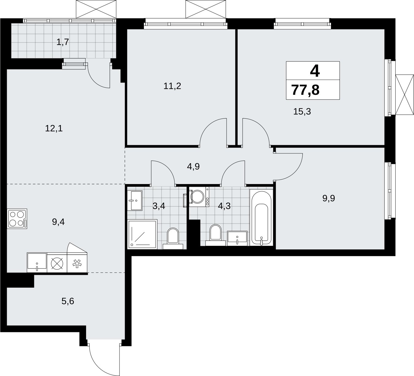 4-комнатная квартира (евро) без отделки, 77.8 м2, 3 этаж, сдача 2 квартал 2026 г., ЖК Дзен-кварталы, корпус 6.1.2 - объявление 2327224 - фото №1