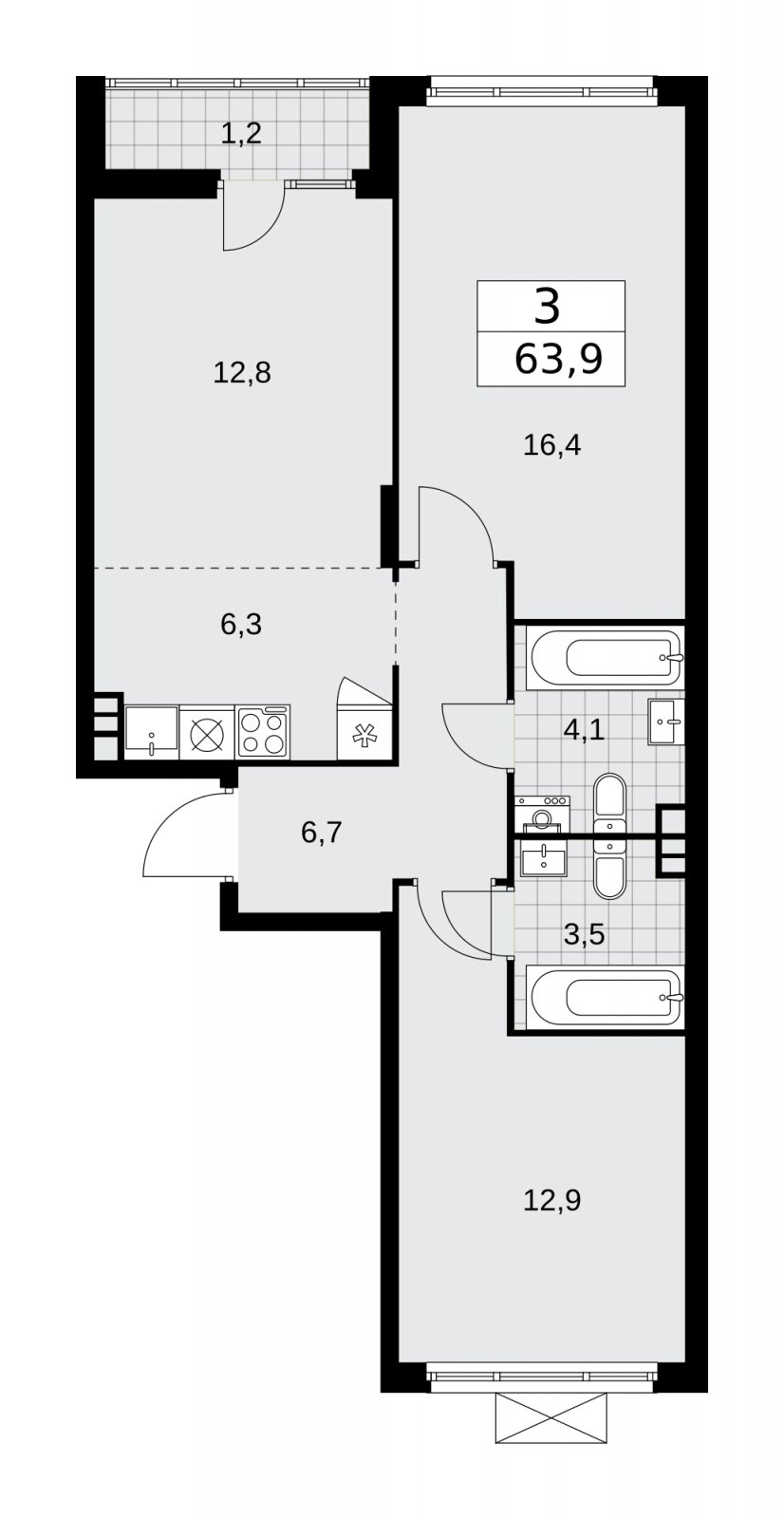 3-комнатная квартира (евро) без отделки, 63.9 м2, 8 этаж, сдача 1 квартал 2026 г., ЖК Деснаречье, корпус 4.1 - объявление 2263383 - фото №1
