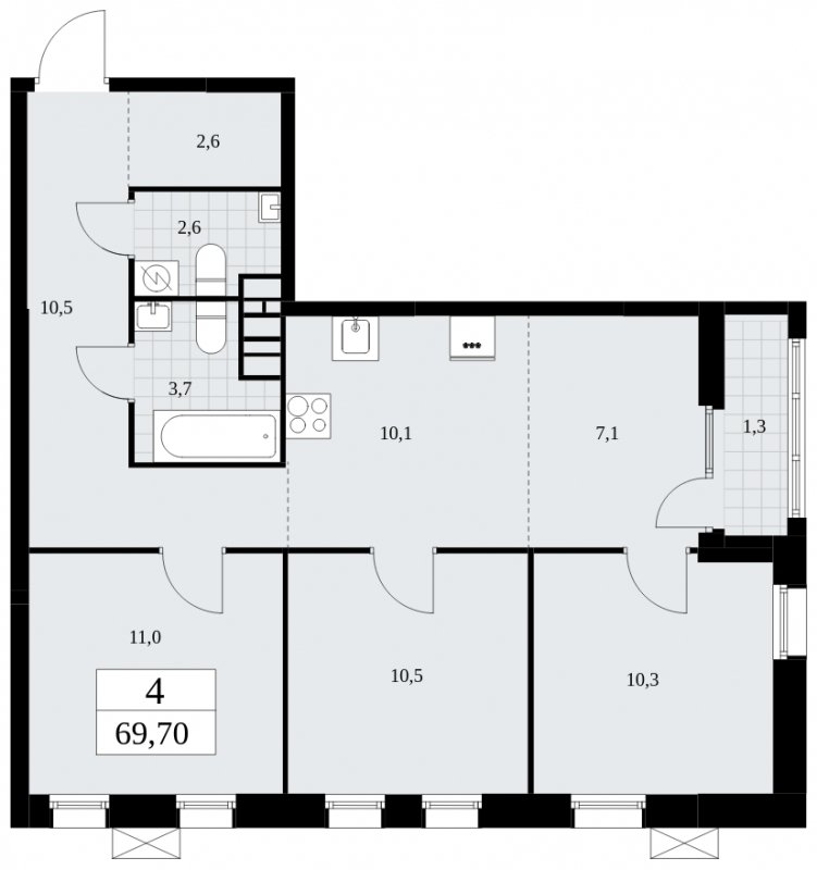 4-комнатная квартира (евро) с частичной отделкой, 69.7 м2, 6 этаж, сдача 1 квартал 2025 г., ЖК Дзен-кварталы, корпус 1.1 - объявление 1895499 - фото №1