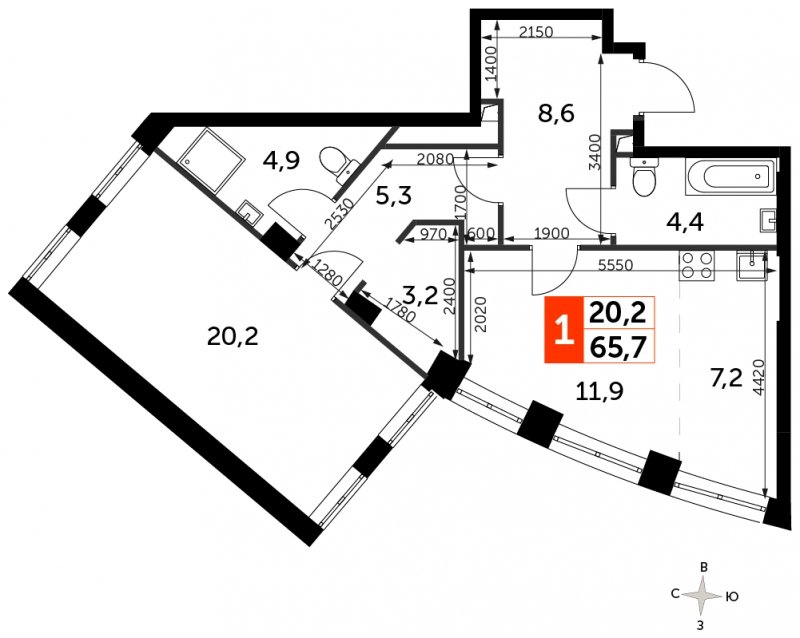 1-комнатная квартира с частичной отделкой, 65.7 м2, 19 этаж, сдача 3 квартал 2024 г., ЖК Sydney City, корпус 2.2 - объявление 1608134 - фото №1