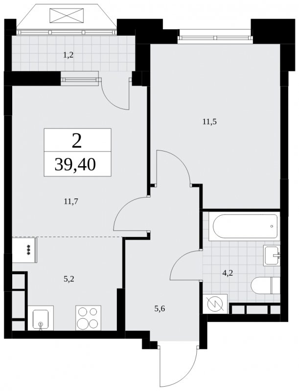 2-комнатная квартира (евро) без отделки, 39.4 м2, 14 этаж, сдача 4 квартал 2024 г., ЖК Бунинские кварталы, корпус 1.3 - объявление 1834822 - фото №1
