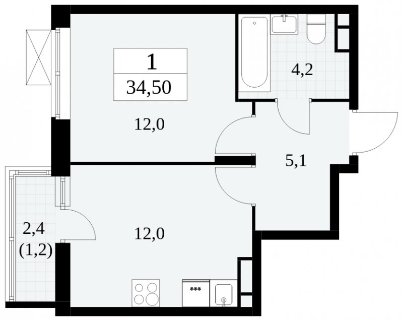 1-комнатная квартира без отделки, 34.5 м2, 6 этаж, сдача 2 квартал 2024 г., ЖК Прокшино, корпус 6.2 - объявление 1662822 - фото №1