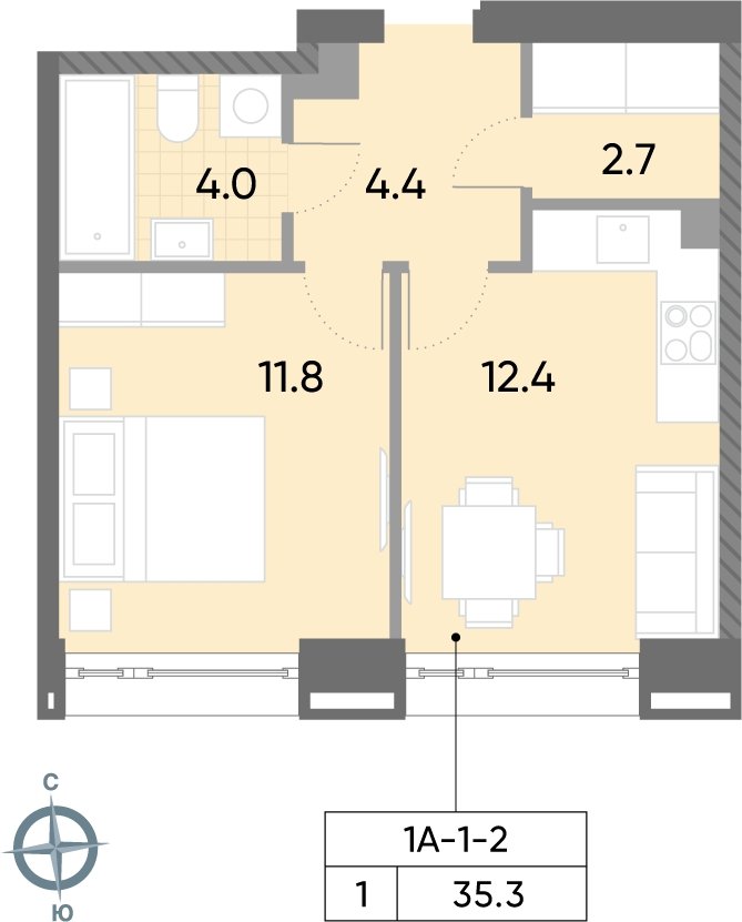 1-комнатная квартира 35.3 м2, 2 этаж, сдача 2 квартал 2026 г., ЖК WAVE, корпус 1 - объявление 2185743 - фото №1