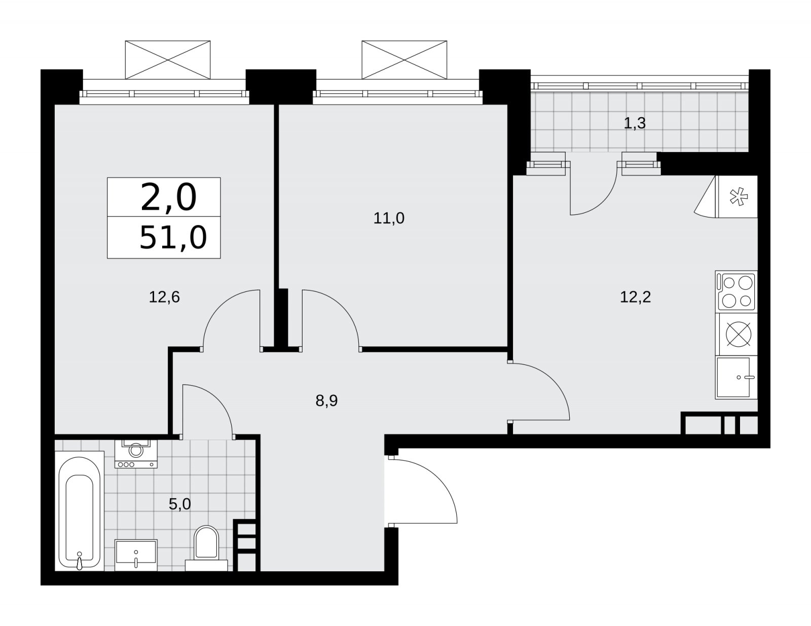 2-комнатная квартира без отделки, 51 м2, 11 этаж, сдача 1 квартал 2026 г., ЖК Прокшино, корпус 10.1.1 - объявление 2226960 - фото №1