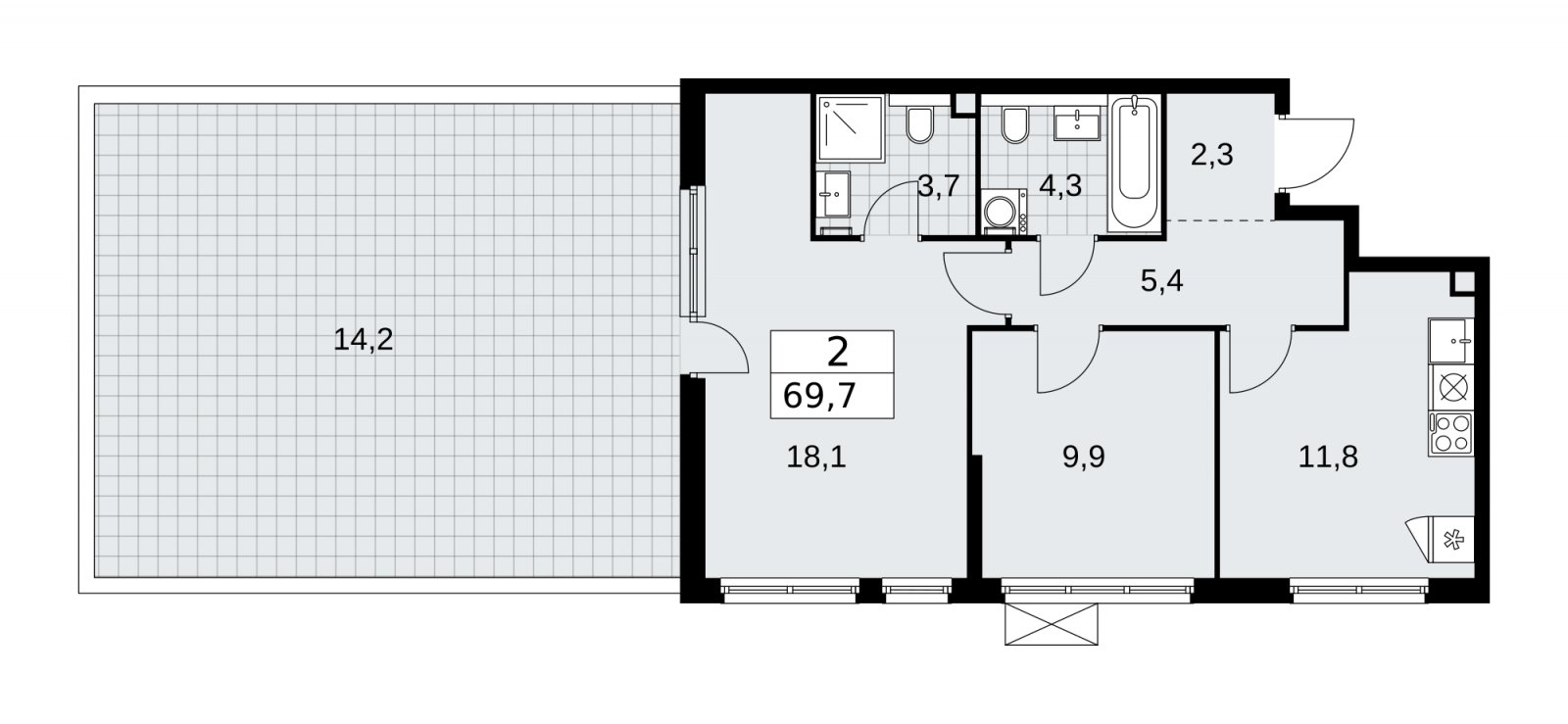 2-комнатная квартира без отделки, 69.7 м2, 2 этаж, сдача 1 квартал 2026 г., ЖК Прокшино, корпус 11.2.1 - объявление 2269763 - фото №1