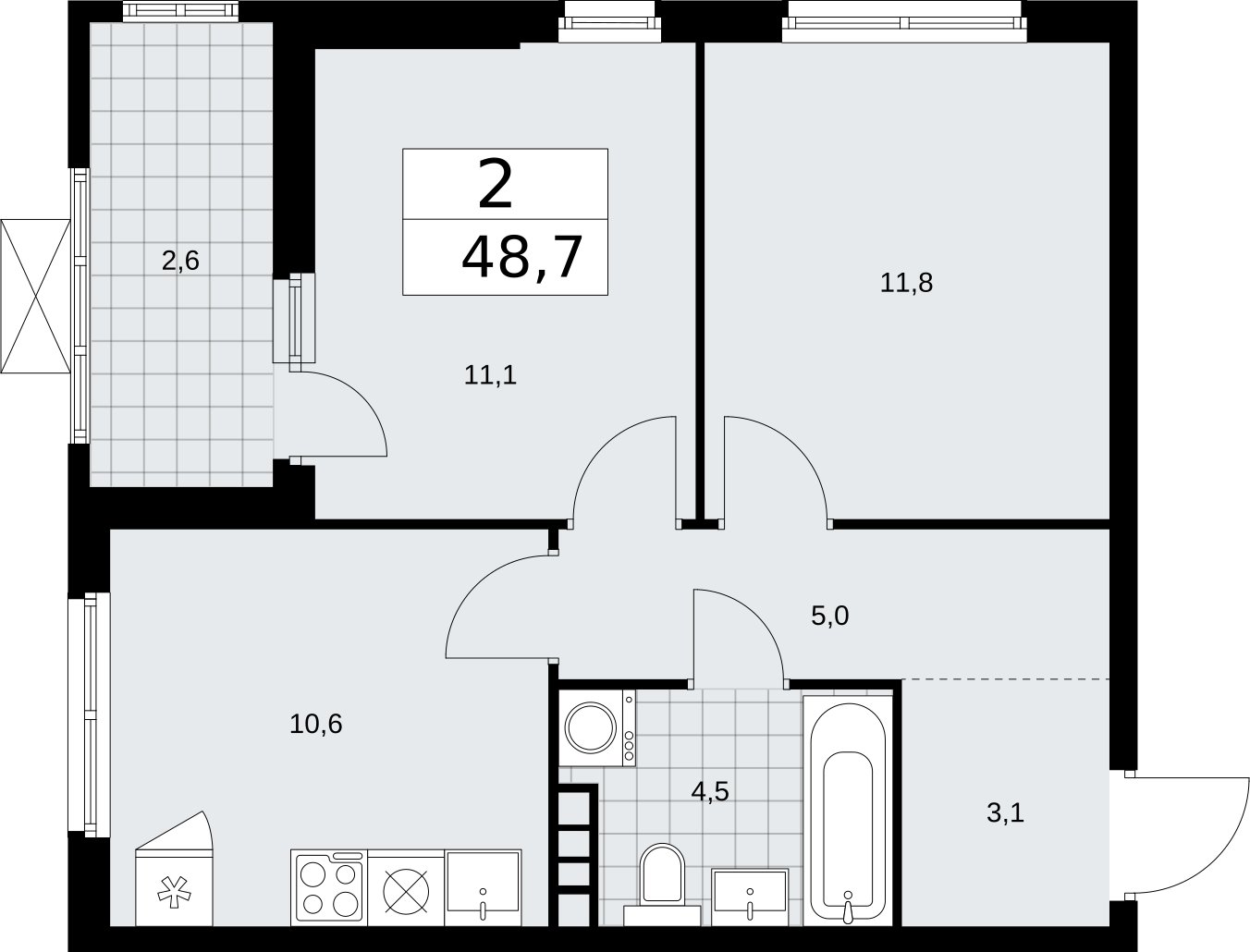 2-комнатная квартира без отделки, 48.7 м2, 7 этаж, сдача 2 квартал 2026 г., ЖК Бунинские кварталы, корпус 5.3 - объявление 2297550 - фото №1