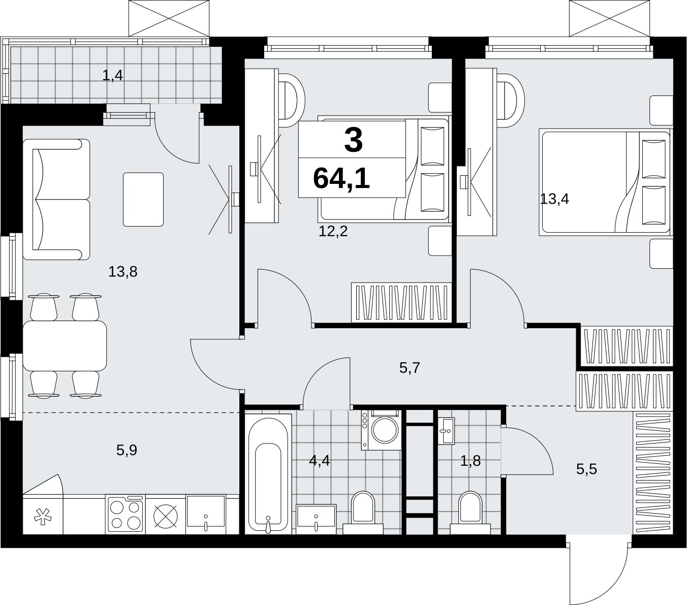 3-комнатная квартира (евро) с полной отделкой, 64.1 м2, 13 этаж, сдача 1 квартал 2027 г., ЖК Скандинавия, корпус 2.18.2.1 - объявление 2351097 - фото №1