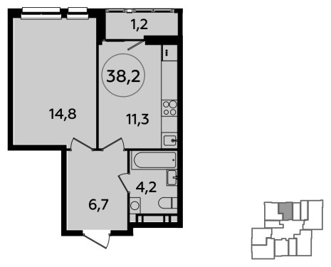 1-комнатная квартира без отделки, 38.2 м2, 22 этаж, сдача 1 квартал 2024 г., ЖК Южные сады, корпус 1.4 - объявление 1512621 - фото №1