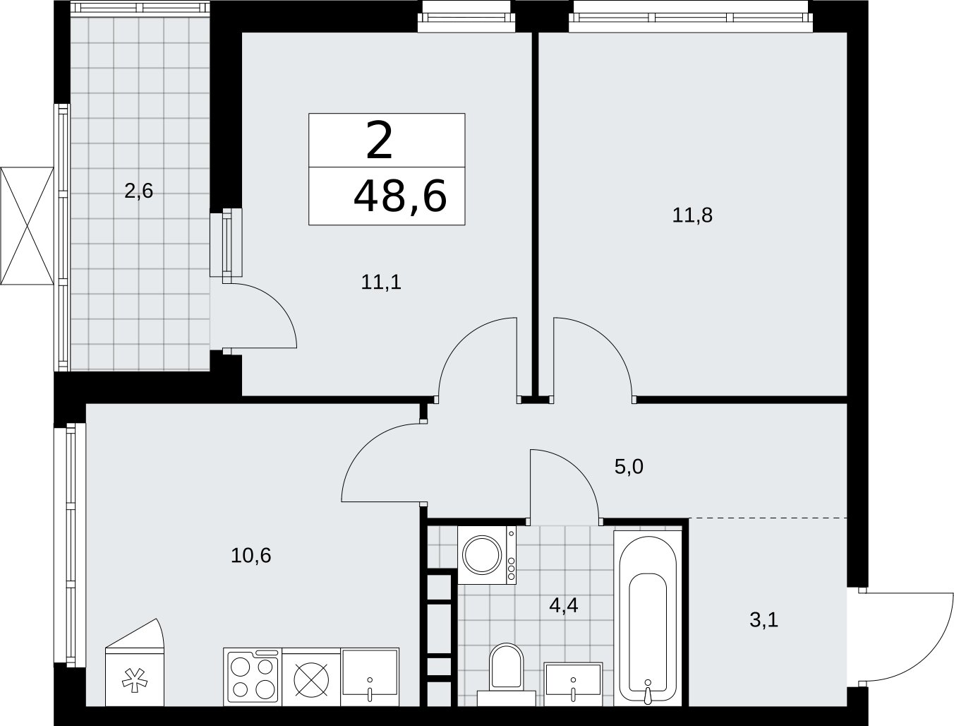 2-комнатная квартира без отделки, 48.6 м2, 16 этаж, сдача 2 квартал 2026 г., ЖК Бунинские кварталы, корпус 5.3 - объявление 2297640 - фото №1