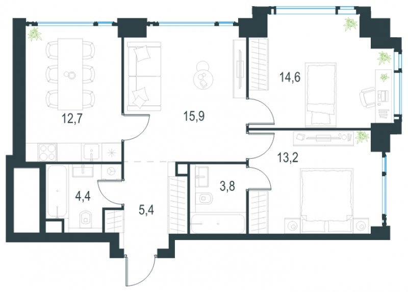 3-комнатная квартира без отделки, 70 м2, 21 этаж, сдача 2 квартал 2025 г., ЖК Level Мичуринский, корпус 1 - объявление 1795799 - фото №1