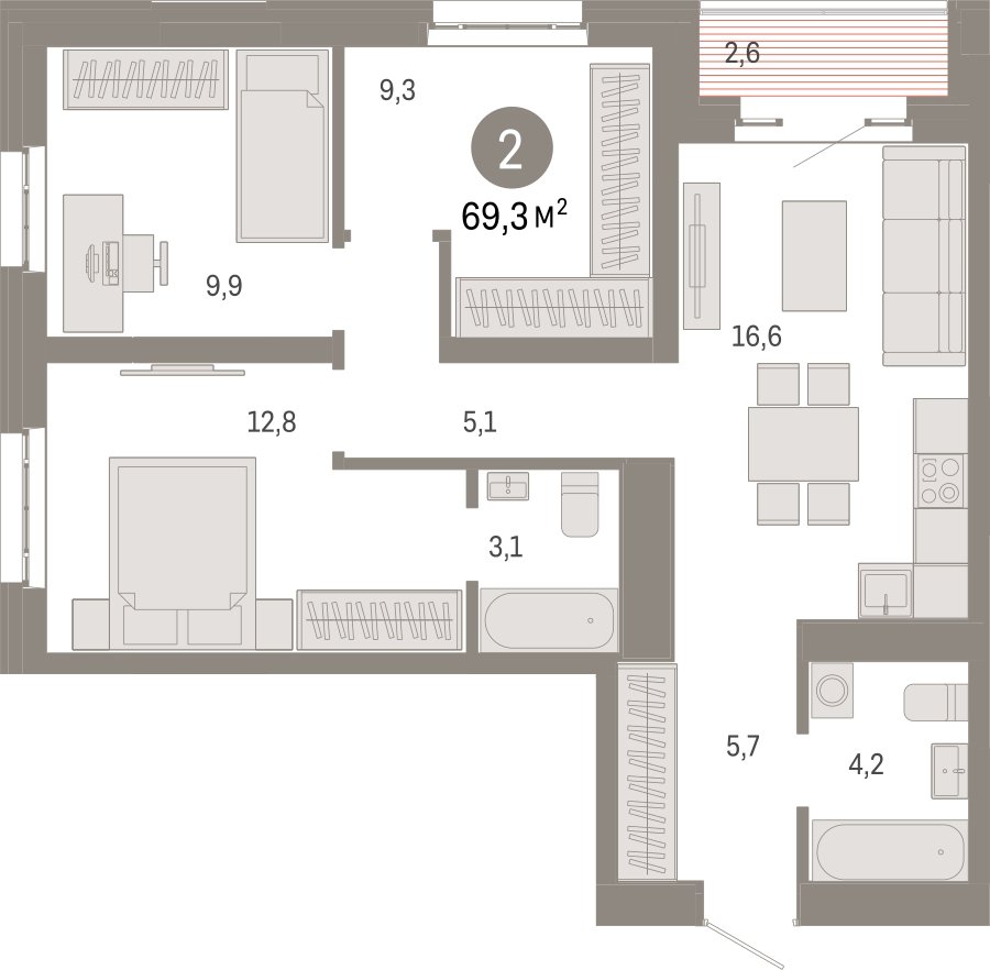 3-комнатная квартира с частичной отделкой, 69.3 м2, 22 этаж, сдача 3 квартал 2026 г., ЖК Квартал Метроном, корпус 1 - объявление 2300745 - фото №1