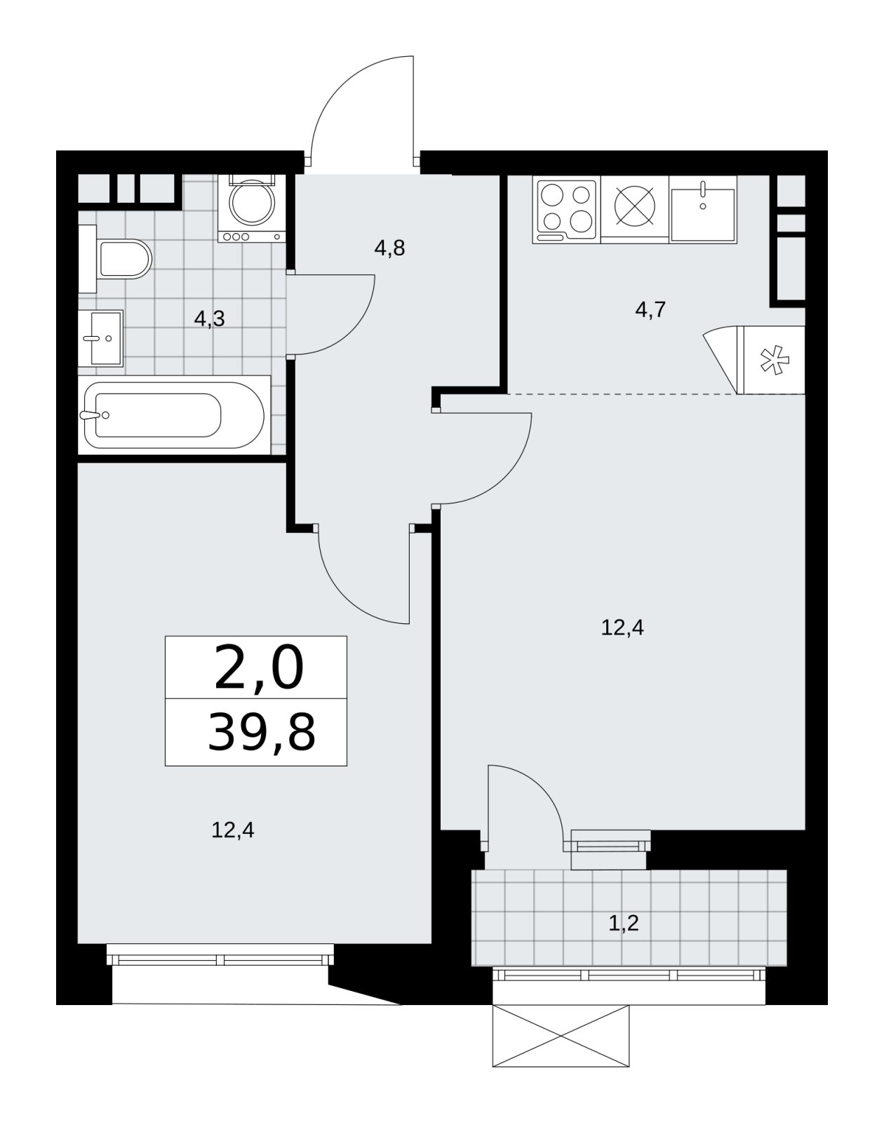 2-комнатная квартира (евро) с частичной отделкой, 39.8 м2, 7 этаж, сдача 1 квартал 2026 г., ЖК Бунинские кварталы, корпус 6.2 - объявление 2252551 - фото №1