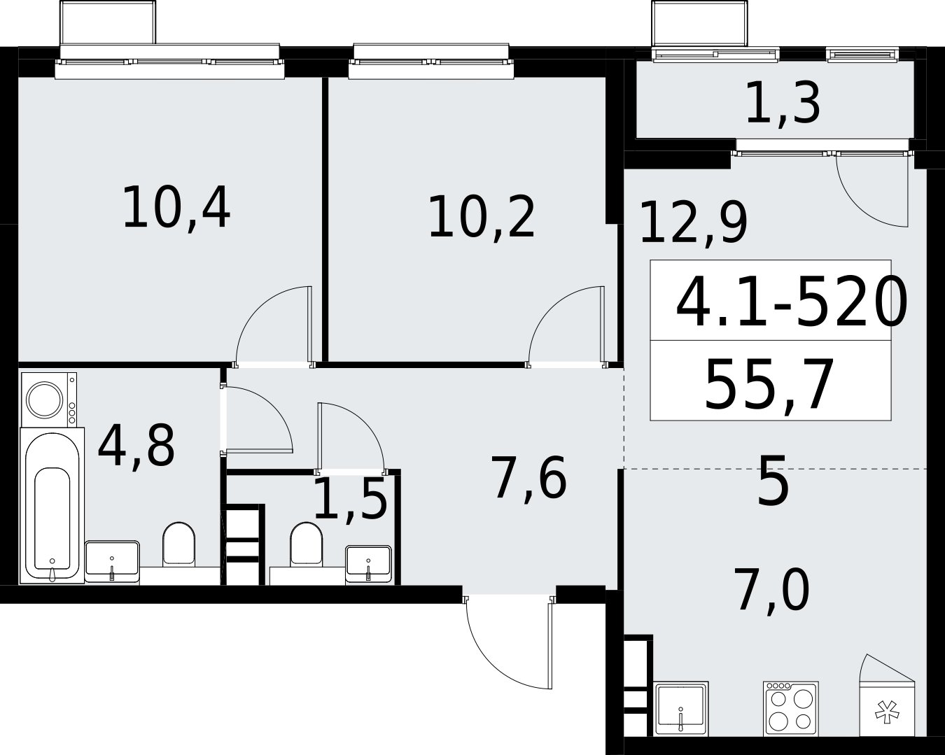 3-комнатная квартира (евро) с полной отделкой, 55.7 м2, 19 этаж, сдача 2 квартал 2027 г., ЖК Южные сады, корпус 4.1.2 - объявление 2393025 - фото №1
