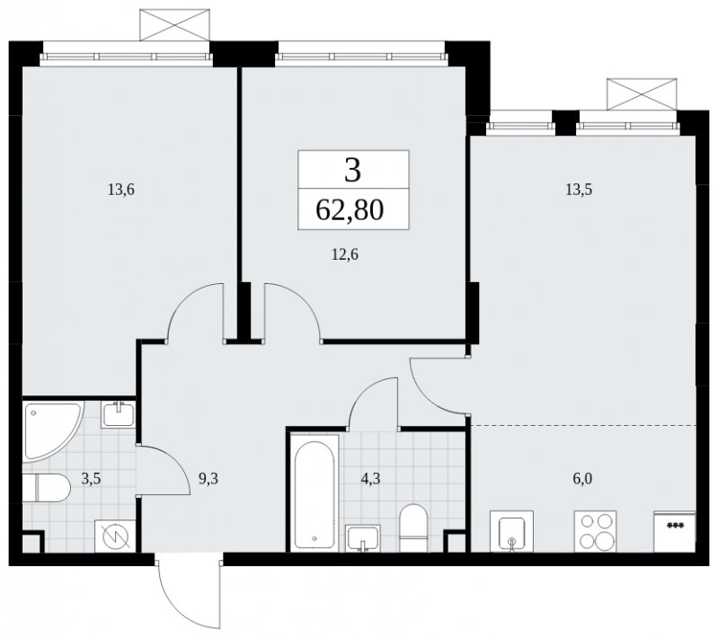 3-комнатная квартира (евро) с частичной отделкой, 62.8 м2, 2 этаж, сдача 3 квартал 2025 г., ЖК Дзен-кварталы, корпус 2.2 - объявление 1932410 - фото №1