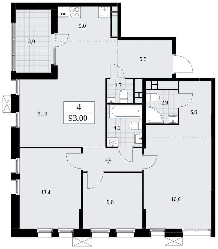 4-комнатная квартира (евро) с частичной отделкой, 93 м2, 18 этаж, сдача 3 квартал 2025 г., ЖК Дзен-кварталы, корпус 2.1 - объявление 1932315 - фото №1