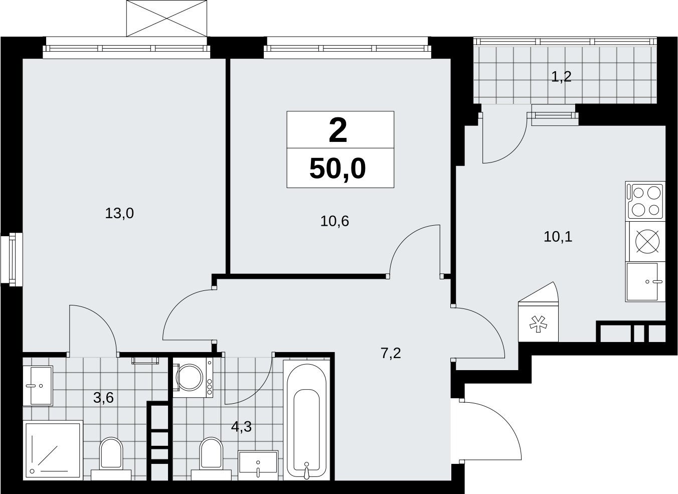2-комнатная квартира без отделки, 50 м2, 4 этаж, сдача 4 квартал 2026 г., ЖК Скандинавия, корпус 2.18.2.5 - объявление 2351605 - фото №1