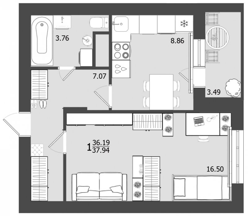 1-комнатная квартира без отделки, 37.9 м2, 1 этаж, дом сдан, ЖК Олимп, корпус 24 - объявление 1303507 - фото №1