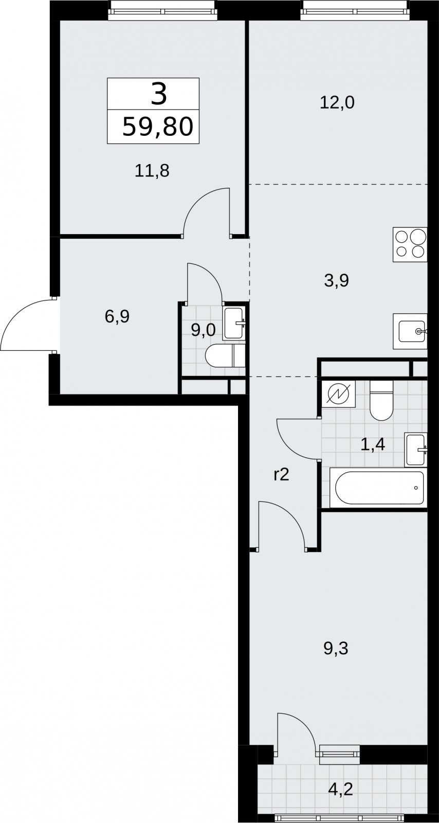3-комнатная квартира (евро) с полной отделкой, 59.8 м2, 3 этаж, сдача 4 квартал 2026 г., ЖК Родные кварталы, корпус 1.2 - объявление 2317760 - фото №1