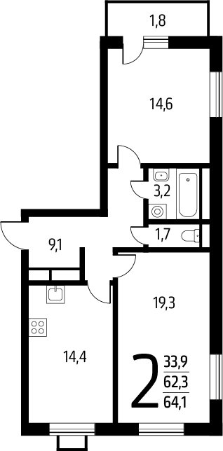 2-комнатная квартира с полной отделкой, 64.1 м2, 10 этаж, сдача 1 квартал 2025 г., ЖК Новые Ватутинки. Заречный, корпус 5/3 - объявление 2272082 - фото №1