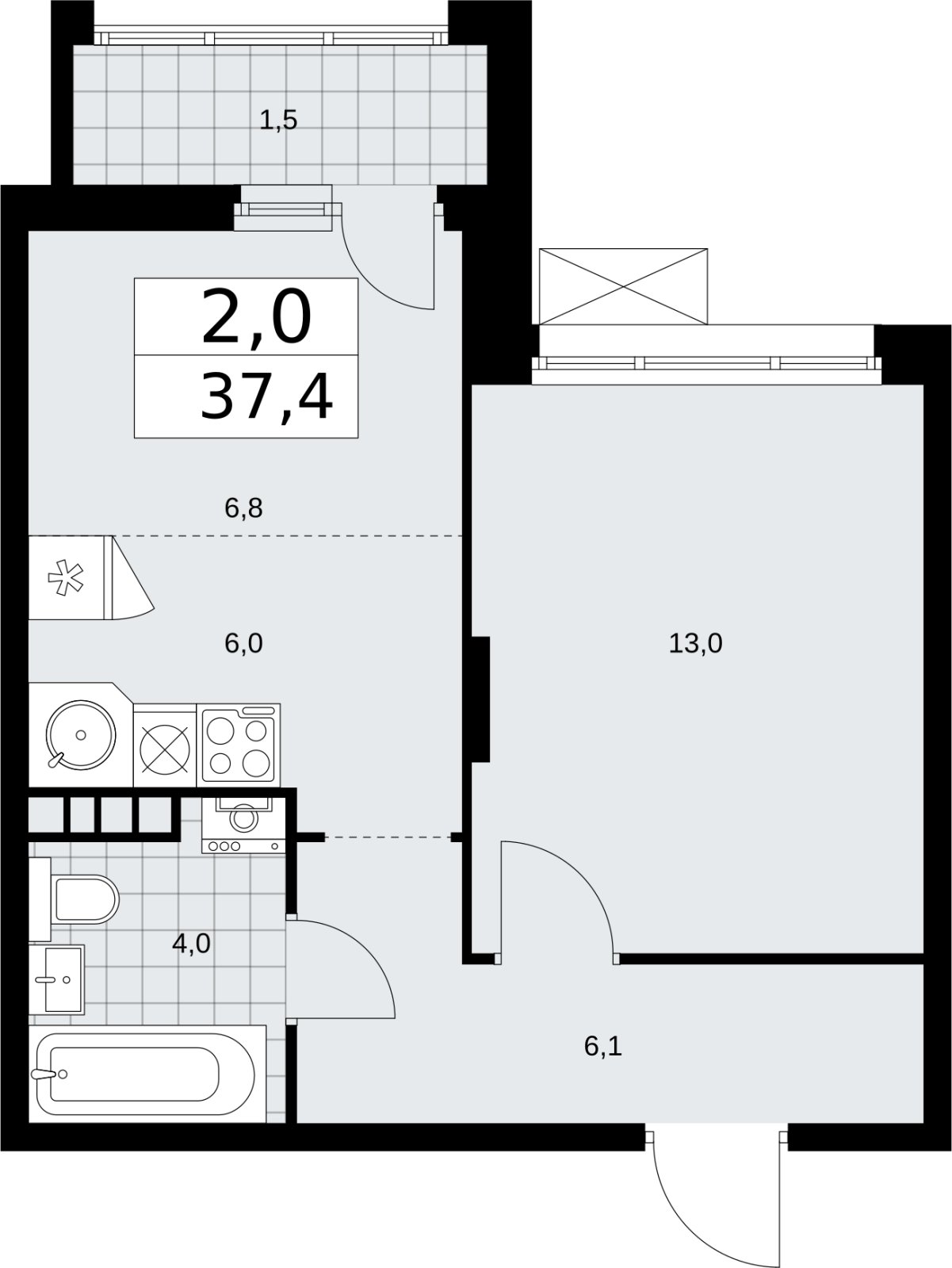 2-комнатная квартира (евро) с частичной отделкой, 37.4 м2, 4 этаж, сдача 2 квартал 2026 г., ЖК Прокшино, корпус 10.1.6 - объявление 2379185 - фото №1