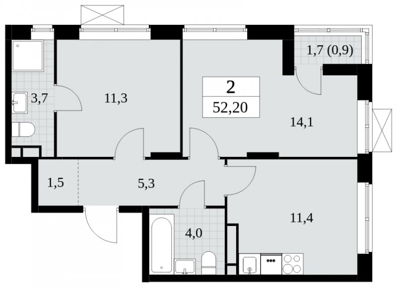 2-комнатная квартира без отделки, 52.2 м2, 6 этаж, сдача 3 квартал 2024 г., ЖК Прокшино, корпус 8.5 - объявление 1684192 - фото №1