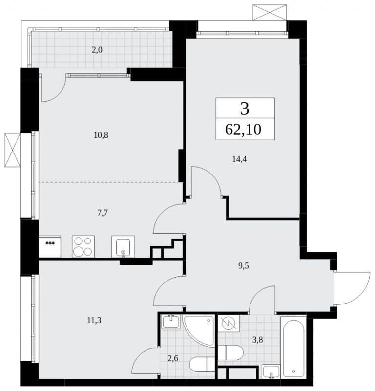 3-комнатная квартира (евро) с частичной отделкой, 62.1 м2, 16 этаж, сдача 4 квартал 2024 г., ЖК Бунинские кварталы, корпус 1.1 - объявление 1834286 - фото №1