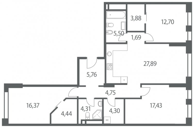 3-комнатная квартира без отделки, 109.02 м2, 3 этаж, сдача 4 квартал 2022 г., ЖК Headliner, корпус 10 - объявление 1299590 - фото №1