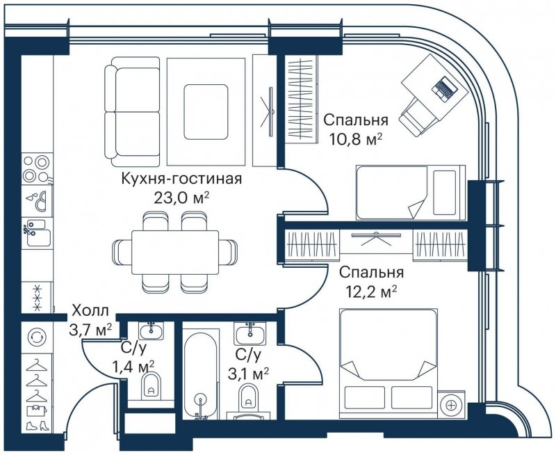 2-комнатная квартира с частичной отделкой, 54.2 м2, 41 этаж, сдача 4 квартал 2023 г., ЖК City Bay, корпус Atlantic Ocean 1 - объявление 1645435 - фото №1