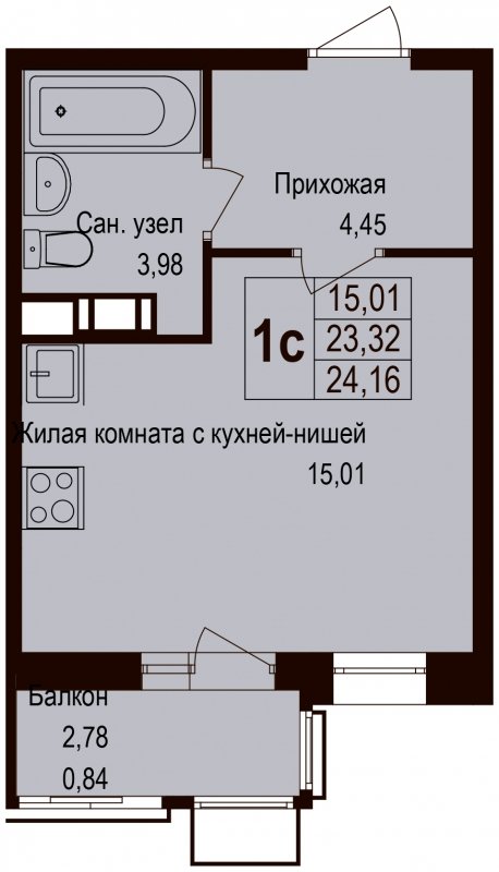 Студия без отделки, 24.16 м2, 3 этаж, дом сдан, ЖК Новая Щербинка, корпус 13 - объявление 1683347 - фото №1
