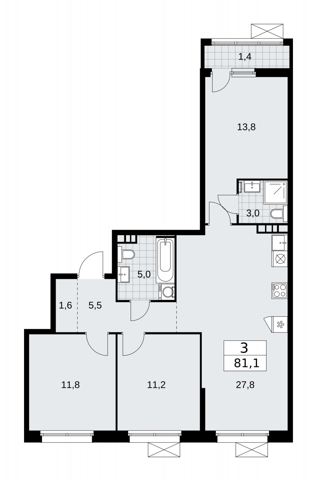 3-комнатная квартира без отделки, 81.1 м2, 4 этаж, сдача 2 квартал 2026 г., ЖК Скандинавия, корпус 25.5 - объявление 2283629 - фото №1